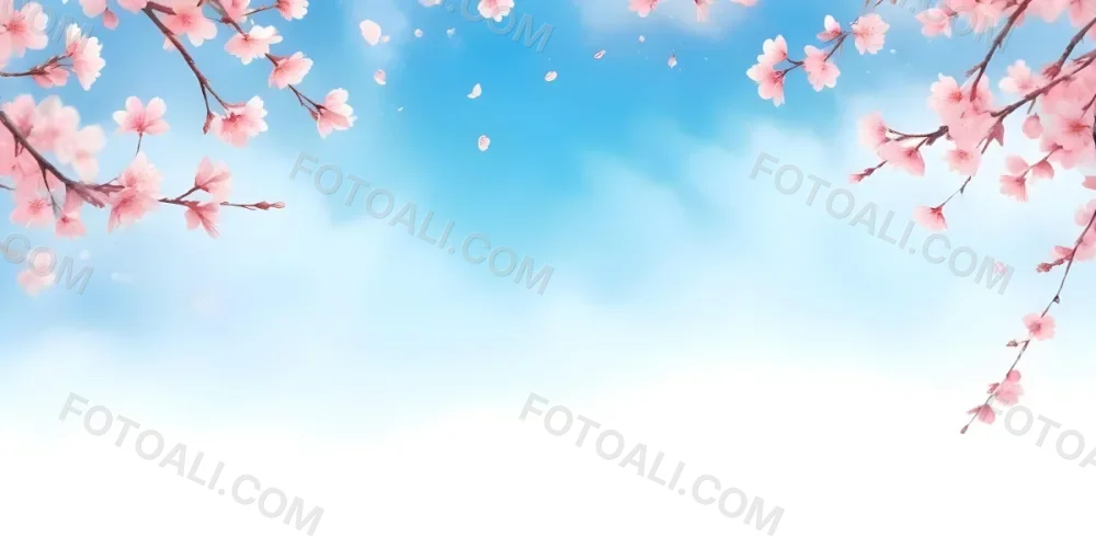 Minimal Soft Studio Light Photography Cherry Blossom Flowers With Pink Petals On A Blue Sky Background Some Petals Falling Down Soft And Dreamy Atmosphere Watercolor Style High Detail Solid Bold Color Background 1 7 A4c8