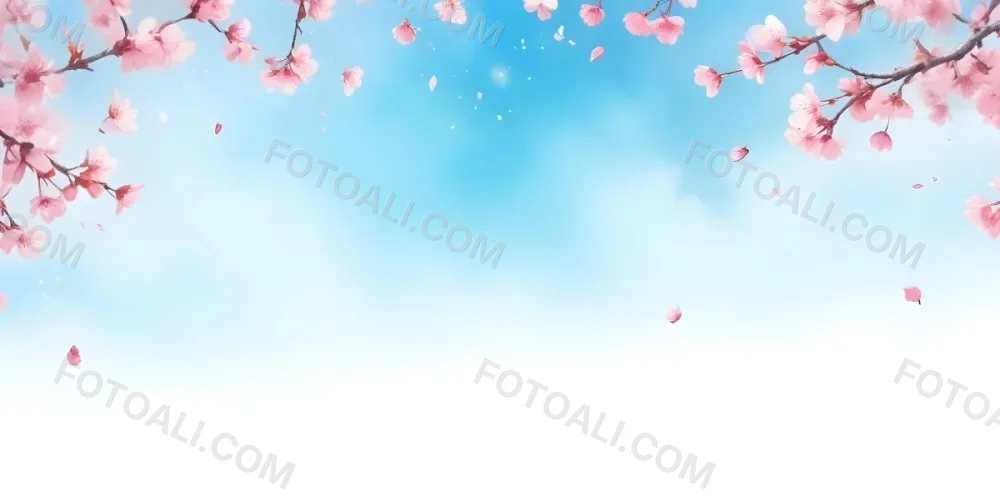 Minimal Soft Studio Light Photography Cherry Blossom Flowers With Pink Petals On A Blue Sky Background Some Petals Falling Down Soft And Dreamy Atmosphere Watercolor Style High Detail Solid Bold Color Background 1 9 48c0