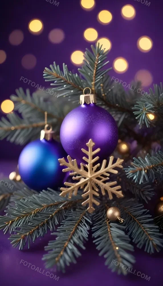 Minimal Soft Studio Light Photography Christmas Tree Branches With A Blue Ornament And Golden Snowflake Decorations Surrounded By Soft Glowing Bokeh Lights In A Purple Background High Detail Solid Bold Color Backgrou 11 Ac90