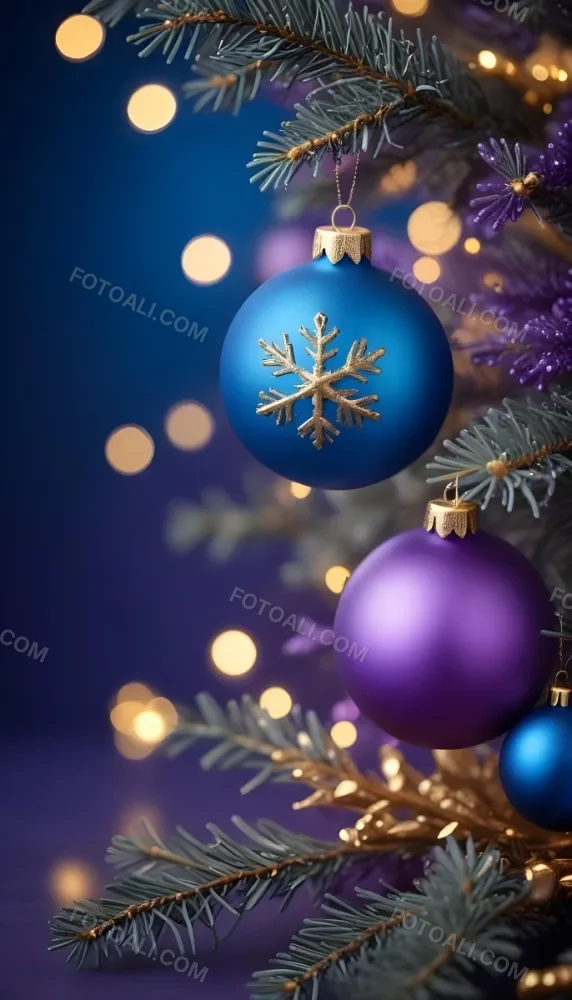 Minimal Soft Studio Light Photography Christmas Tree Branches With A Blue Ornament And Golden Snowflake Decorations Surrounded By Soft Glowing Bokeh Lights In A Purple Background High Detail Solid Bold Color Backgrou 14 7f0d