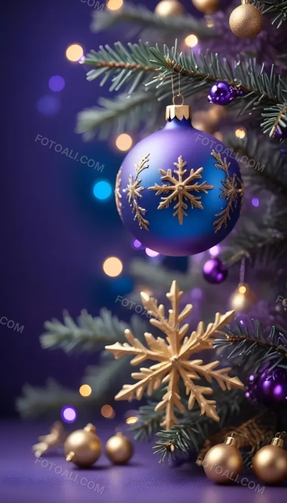 Minimal Soft Studio Light Photography Christmas Tree Branches With A Blue Ornament And Golden Snowflake Decorations Surrounded By Soft Glowing Bokeh Lights In A Purple Background High Detail Solid Bold Color Backgrou 20 9dde