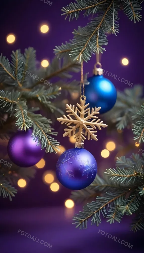 Minimal Soft Studio Light Photography Christmas Tree Branches With A Blue Ornament And Golden Snowflake Decorations Surrounded By Soft Glowing Bokeh Lights In A Purple Background High Detail Solid Bold Color Backgrou 22 E951