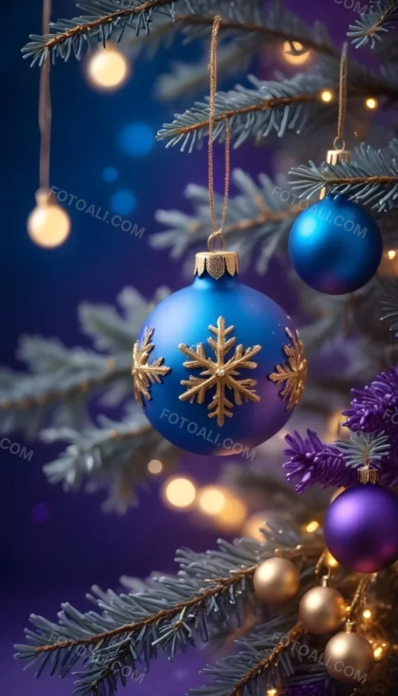 Minimal Soft Studio Light Photography Christmas Tree Branches With A Blue Ornament And Golden Snowflake Decorations Surrounded By Soft Glowing Bokeh Lights In A Purple Background High Detail Solid Bold Color Backgrou 23 3cff