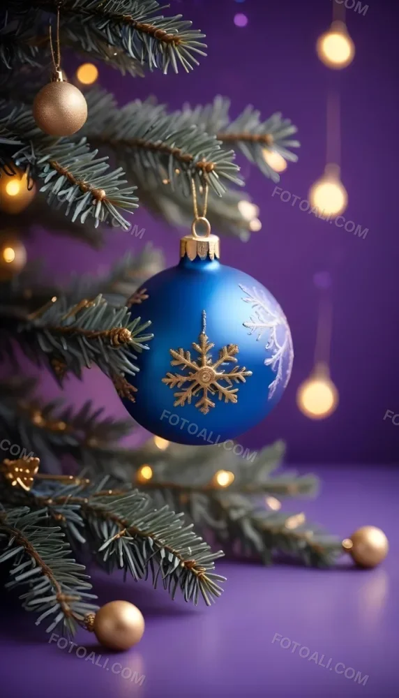 Minimal Soft Studio Light Photography Christmas Tree Branches With A Blue Ornament And Golden Snowflake Decorations Surrounded By Soft Glowing Bokeh Lights In A Purple Background High Detail Solid Bold Color Backgrou 26 62c8