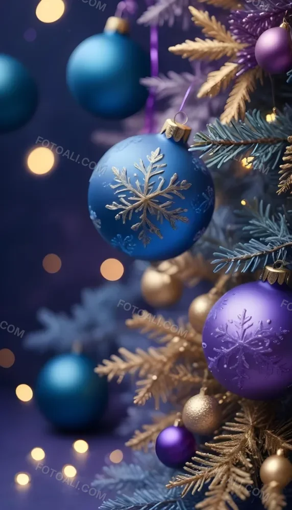 Minimal Soft Studio Light Photography Christmas Tree Branches With A Blue Ornament And Golden Snowflake Decorations Surrounded By Soft Glowing Bokeh Lights In A Purple Background High Detail Solid Bold Color Backgrou 27 547f