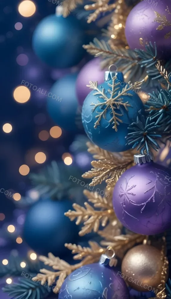 Minimal Soft Studio Light Photography Christmas Tree Branches With A Blue Ornament And Golden Snowflake Decorations Surrounded By Soft Glowing Bokeh Lights In A Purple Background High Detail Solid Bold Color Backgrou 28 Be34