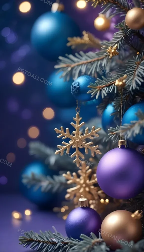 Minimal Soft Studio Light Photography Christmas Tree Branches With A Blue Ornament And Golden Snowflake Decorations Surrounded By Soft Glowing Bokeh Lights In A Purple Background High Detail Solid Bold Color Backgrou 31 1842