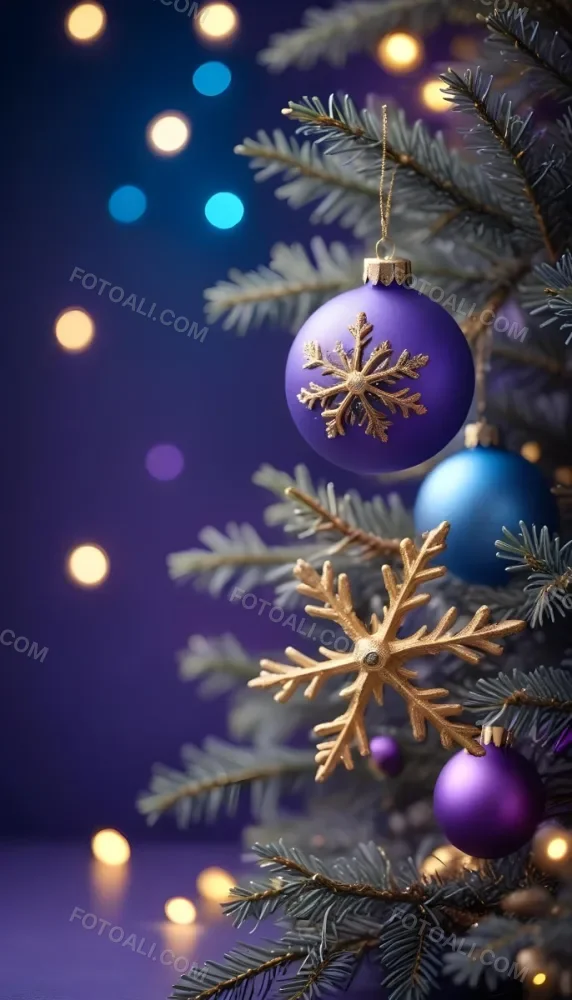 Minimal Soft Studio Light Photography Christmas Tree Branches With A Blue Ornament And Golden Snowflake Decorations Surrounded By Soft Glowing Bokeh Lights In A Purple Background High Detail Solid Bold Color Backgrou 4 6664