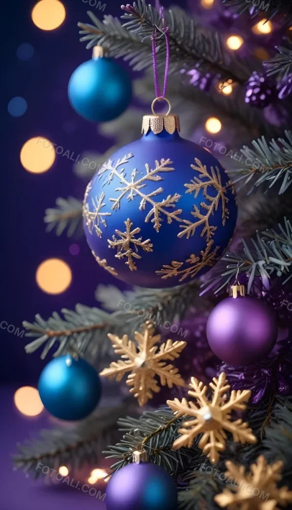 Minimal Soft Studio Light Photography Christmas Tree Branches With A Blue Ornament And Golden Snowflake Decorations Surrounded By Soft Glowing Bokeh Lights In A Purple Background High Detail Solid Bold Color Backgrou 6 20d5