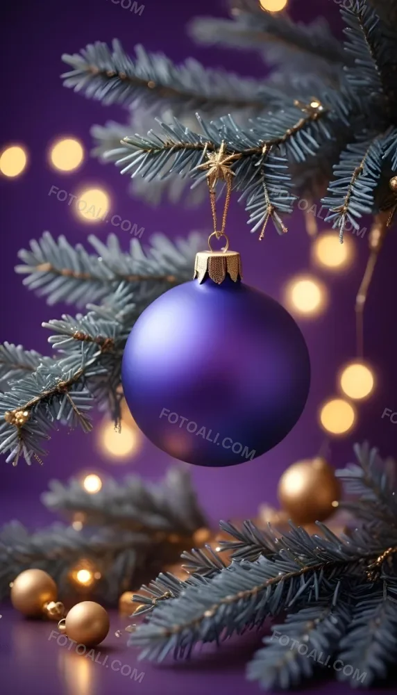 Minimal Soft Studio Light Photography Christmas Tree Branches With A Blue Ornament And Golden Snowflake Decorations Surrounded By Soft Glowing Bokeh Lights In A Purple Background High Detail Solid Bold Color Backgrou 9 Cfdd