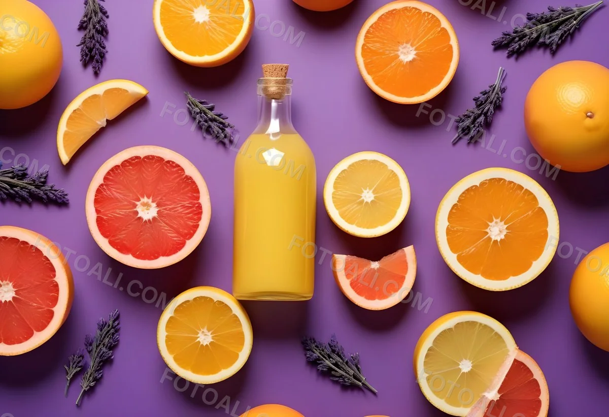 Minimal Soft Studio Light Photography Citrus Fruits Including Grapefruit Lemon And Orange Slices Along With A Bottle Of Essential Oil Or Oil And Sprigs Of Lavender On A Bright Yellow Background High Detai 11 61b2