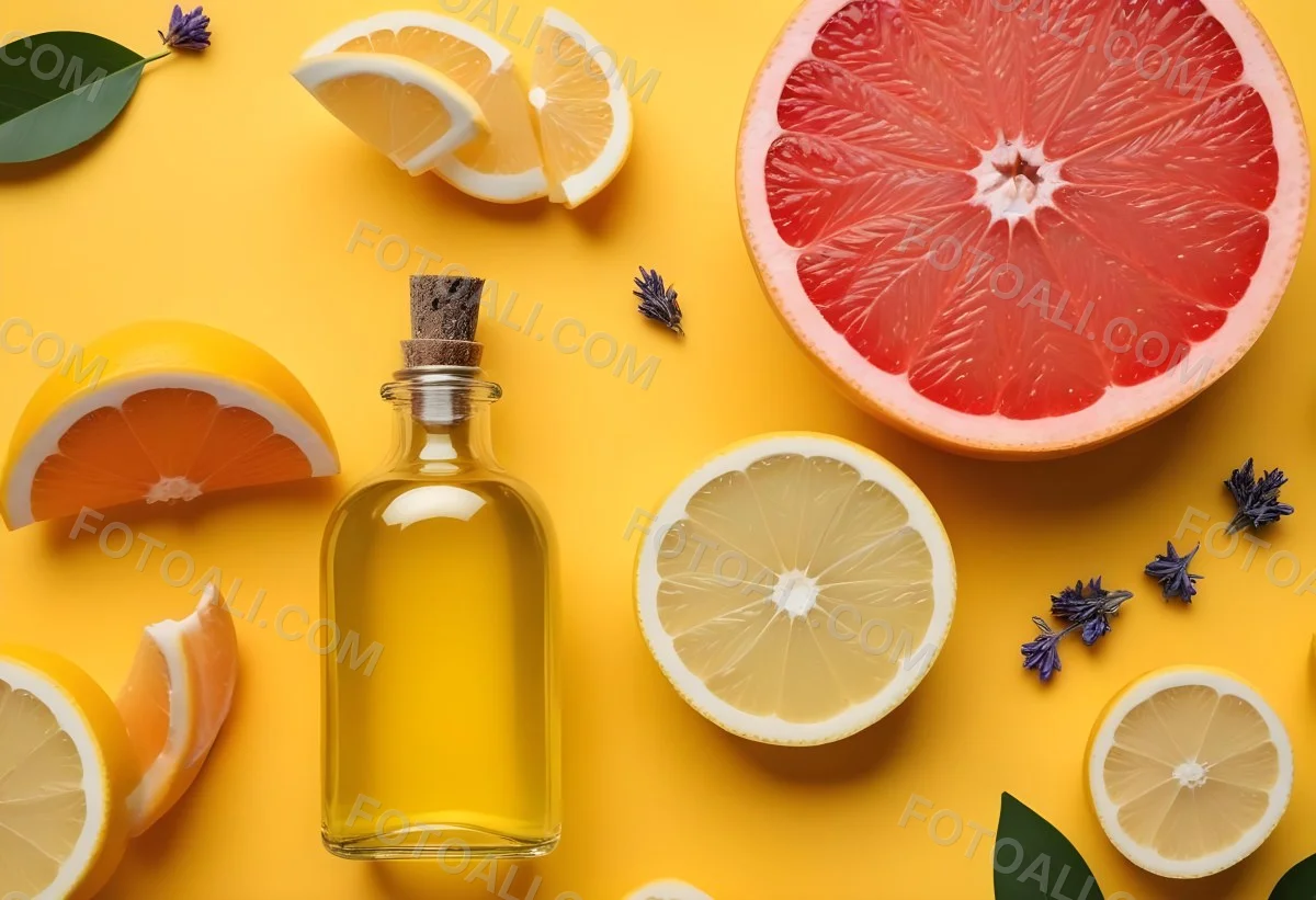 Minimal Soft Studio Light Photography Citrus Fruits Including Grapefruit Lemon And Orange Slices Along With A Bottle Of Essential Oil Or Oil And Sprigs Of Lavender On A Bright Yellow Background High Detai 12 D6ed