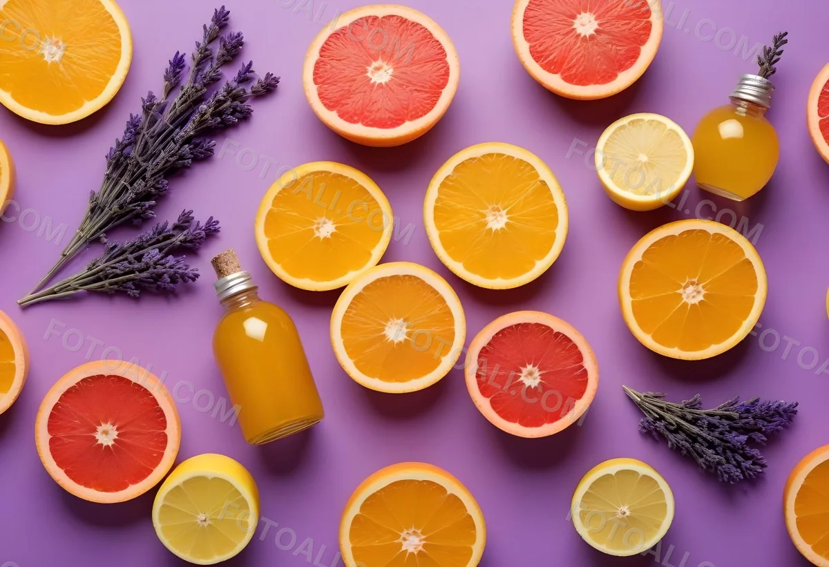 Minimal Soft Studio Light Photography Citrus Fruits Including Grapefruit Lemon And Orange Slices Along With A Bottle Of Essential Oil Or Oil And Sprigs Of Lavender On A Bright Yellow Background High Detai 13 8dcf