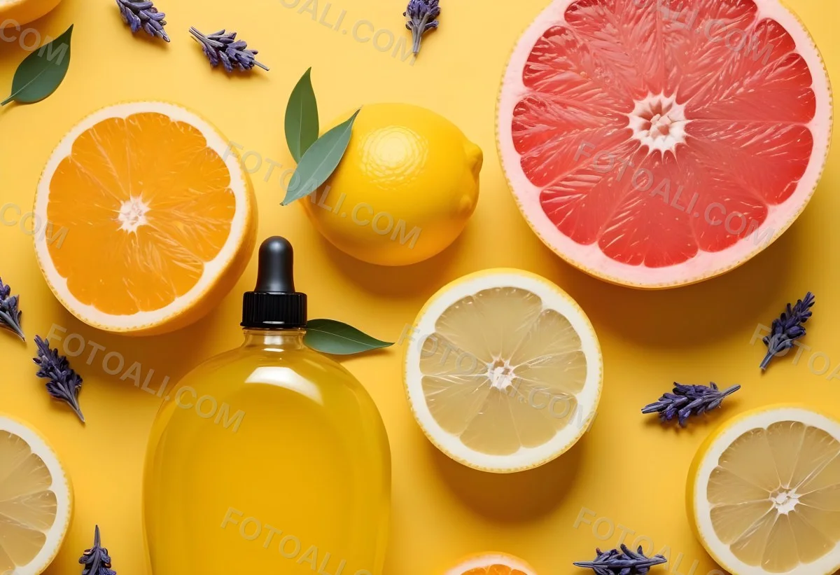 Minimal Soft Studio Light Photography Citrus Fruits Including Grapefruit Lemon And Orange Slices Along With A Bottle Of Essential Oil Or Oil And Sprigs Of Lavender On A Bright Yellow Background High Detai 14 7416