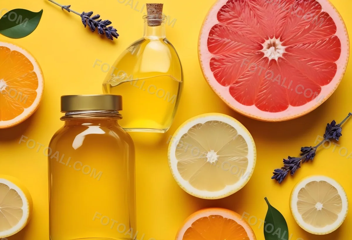 Minimal Soft Studio Light Photography Citrus Fruits Including Grapefruit Lemon And Orange Slices Along With A Bottle Of Essential Oil Or Oil And Sprigs Of Lavender On A Bright Yellow Background High Detai 16 E3be