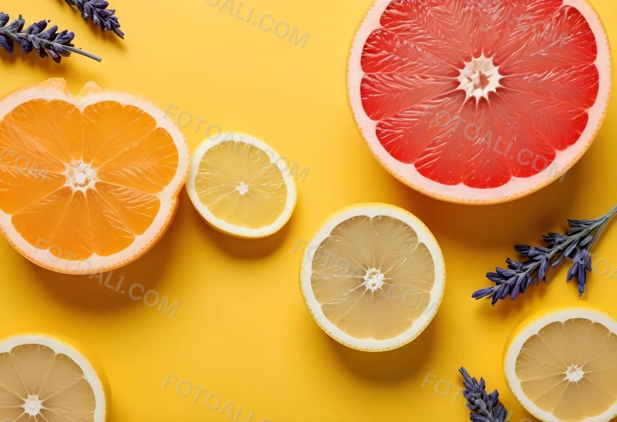 Minimal Soft Studio Light Photography Citrus Fruits Including Grapefruit Lemon And Orange Slices Along With A Bottle Of Essential Oil Or Oil And Sprigs Of Lavender On A Bright Yellow Background High Detai 18 51fa
