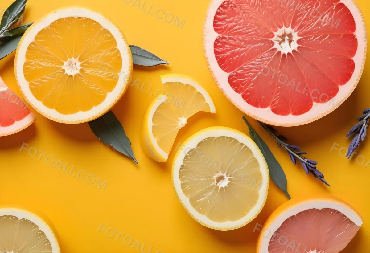 Minimal Soft Studio Light Photography Citrus Fruits Including Grapefruit Lemon And Orange Slices Along With A Bottle Of Essential Oil Or Oil And Sprigs Of Lavender On A Bright Yellow Background High Detai 20 8181