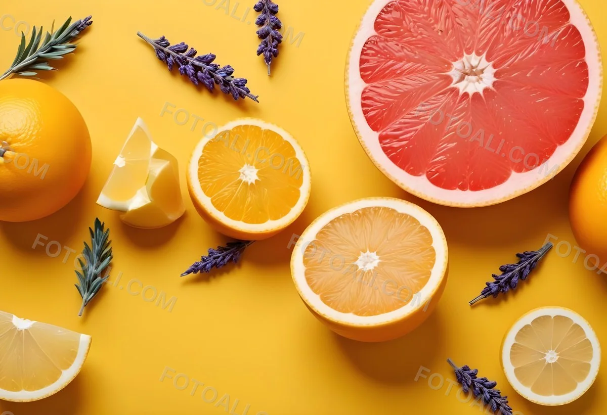 Minimal Soft Studio Light Photography Citrus Fruits Including Grapefruit Lemon And Orange Slices Along With A Bottle Of Essential Oil Or Oil And Sprigs Of Lavender On A Bright Yellow Background High Detai 22 F6a3