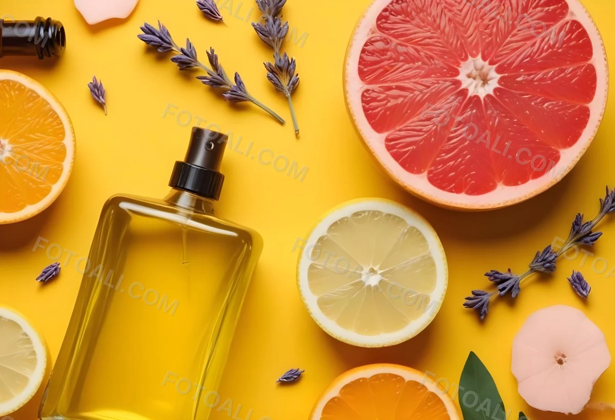 Minimal Soft Studio Light Photography Citrus Fruits Including Grapefruit Lemon And Orange Slices Along With A Bottle Of Essential Oil Or Oil And Sprigs Of Lavender On A Bright Yellow Background High Detai 23 86da