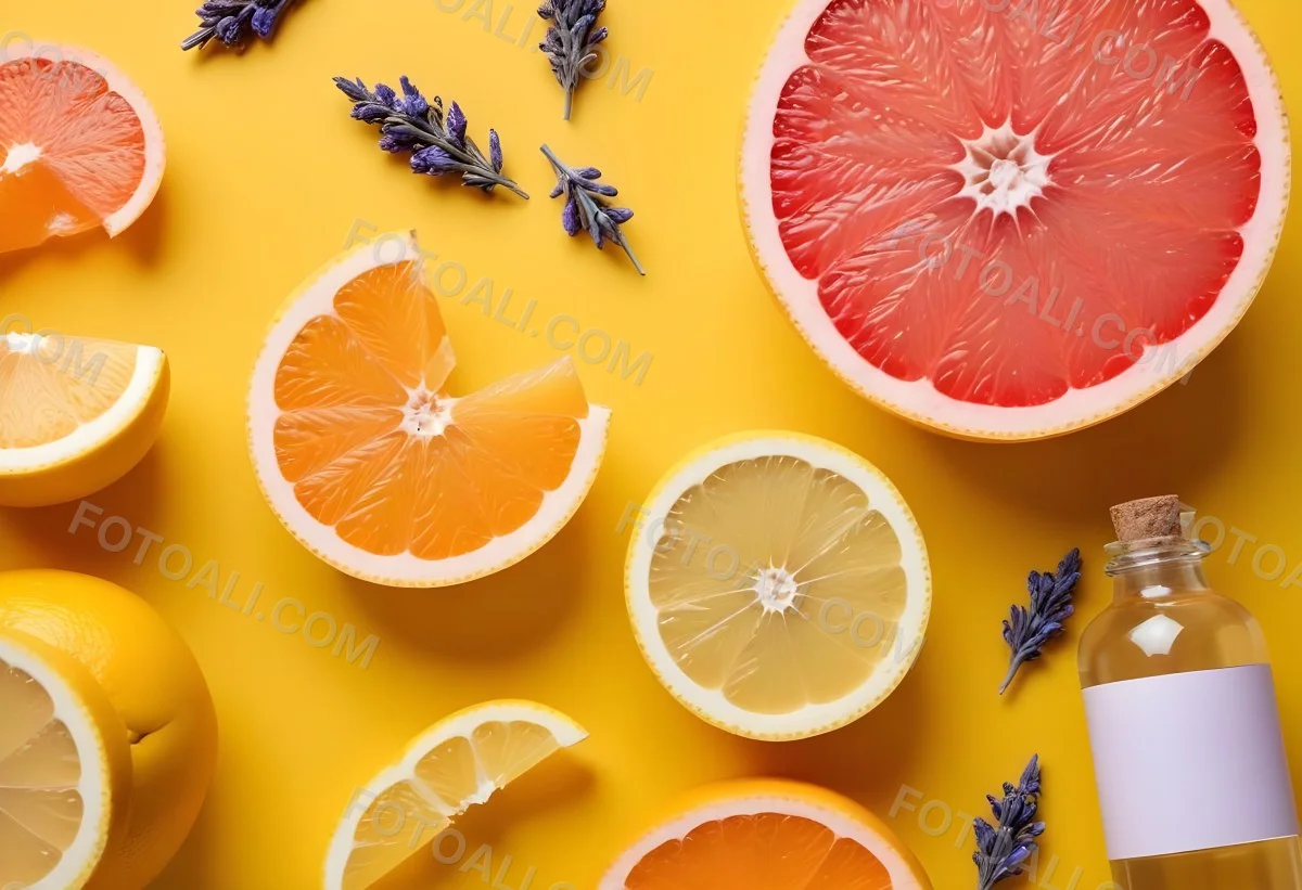 Minimal Soft Studio Light Photography Citrus Fruits Including Grapefruit Lemon And Orange Slices Along With A Bottle Of Essential Oil Or Oil And Sprigs Of Lavender On A Bright Yellow Background High Detai 4 B831