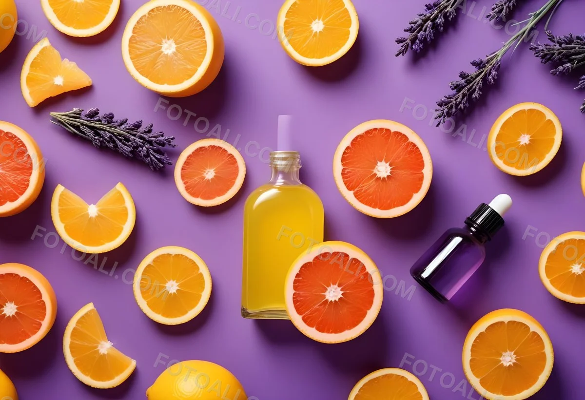 Minimal Soft Studio Light Photography Citrus Fruits Including Grapefruit Lemon And Orange Slices Along With A Bottle Of Essential Oil Or Oil And Sprigs Of Lavender On A Bright Yellow Background High Detai 5 C741