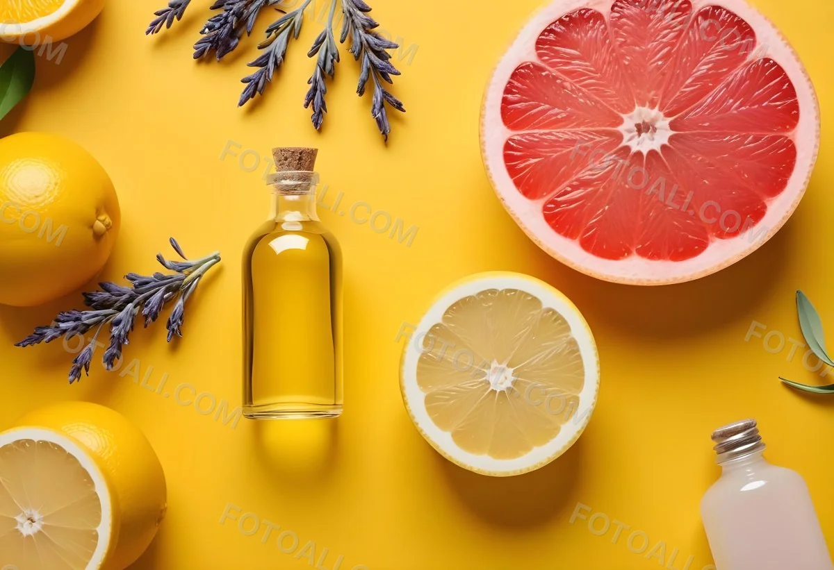 Minimal Soft Studio Light Photography Citrus Fruits Including Grapefruit Lemon And Orange Slices Along With A Bottle Of Essential Oil Or Oil And Sprigs Of Lavender On A Bright Yellow Background High Detai 7 Cf92