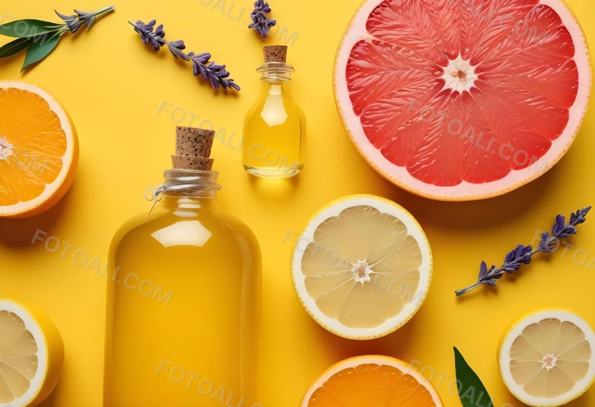 Minimal Soft Studio Light Photography Citrus Fruits Including Grapefruit Lemon And Orange Slices Along With A Bottle Of Essential Oil Or Oil And Sprigs Of Lavender On A Bright Yellow Background High Detai 8 Efd3