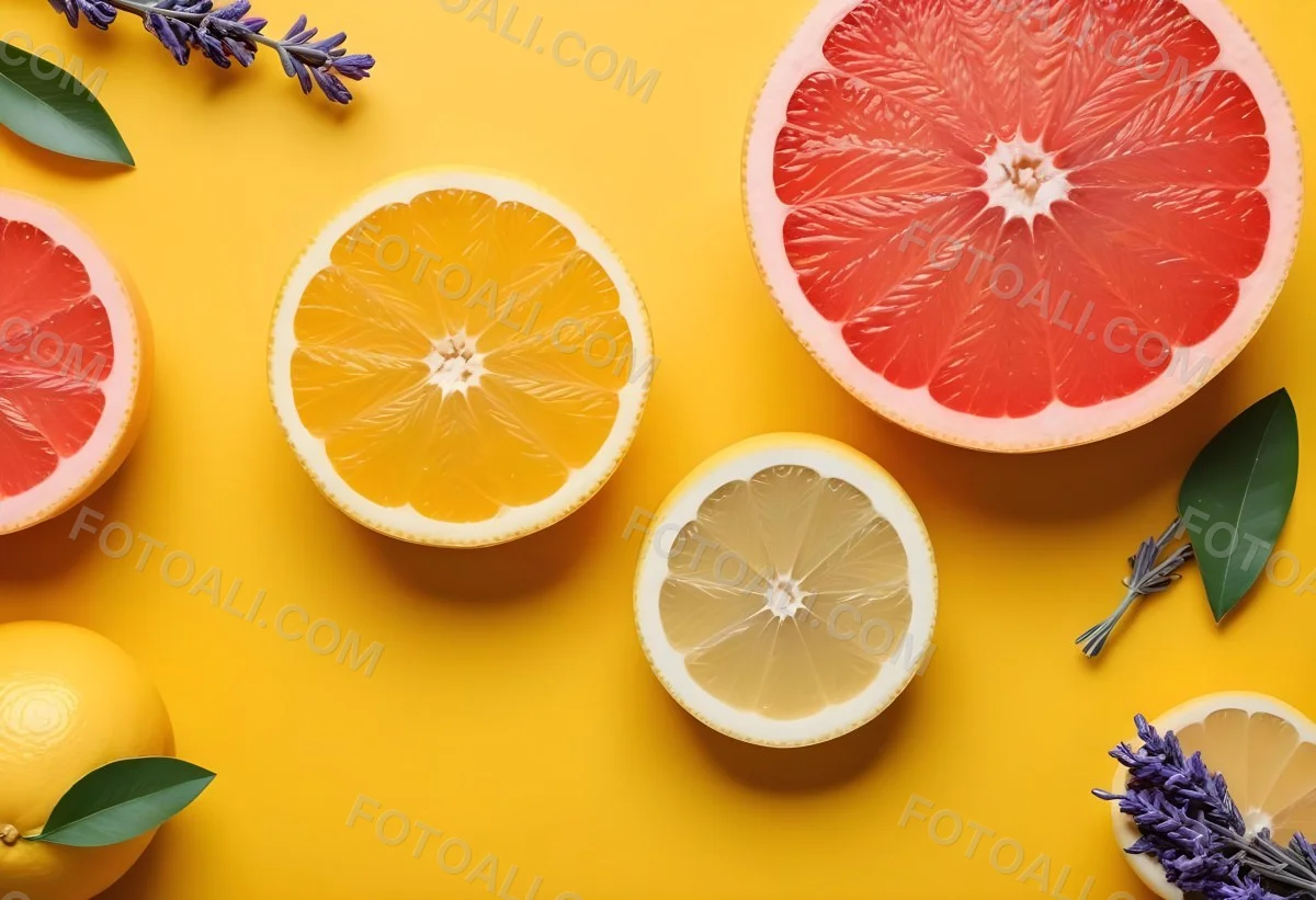 Minimal Soft Studio Light Photography Citrus Fruits Including Grapefruit Lemon And Orange Slices Along With A Bottle Of Essential Oil Or Oil And Sprigs Of Lavender On A Bright Yellow Background High Detai 9 1f01