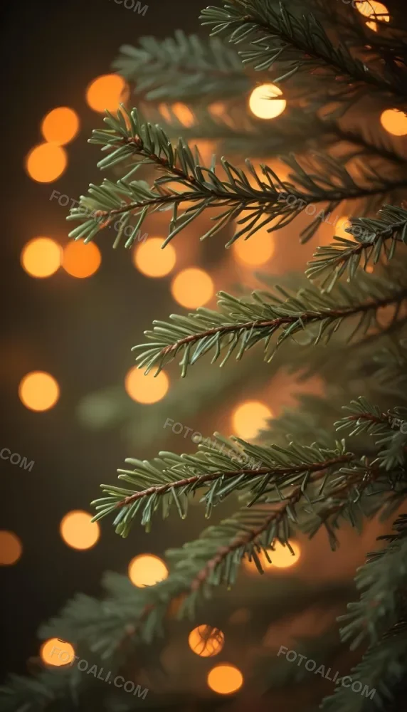 Minimal Soft Studio Light Photography Close Up Of Evergreen Tree Branches With Soft Warm Orange Bokeh Lights In The Background Creating A Cozy Atmosphere High Detail Solid Bold Color Background 3 Da0e