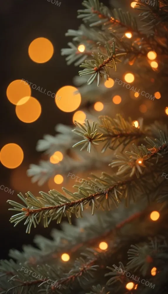Minimal Soft Studio Light Photography Close Up Of Evergreen Tree Branches With Soft Warm Orange Bokeh Lights In The Background Creating A Cozy Atmosphere High Detail Solid Bold Color Background 7 B42a