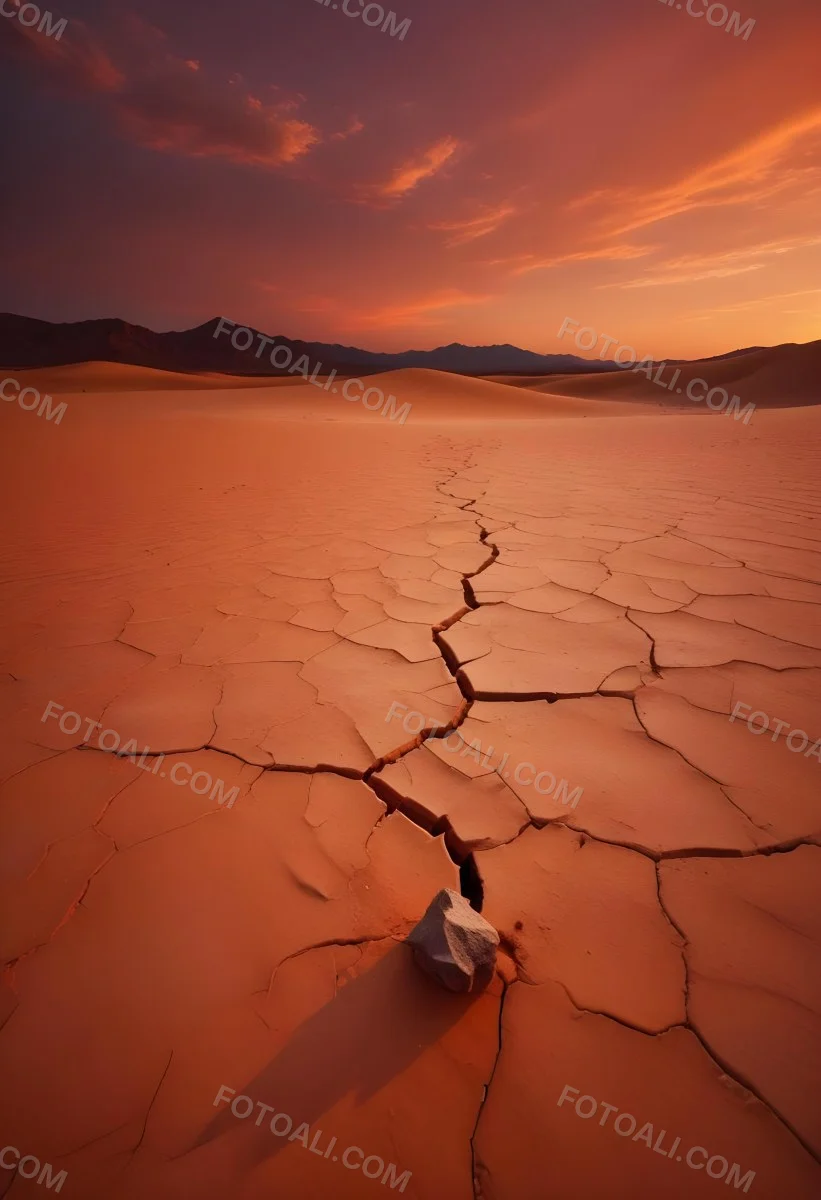Minimal Soft Studio Light Photography Cracked Dry Desert Landscape With A Dramatic Orange Sky At Sunset High Detail Solid Bold Color Background 34 9821
