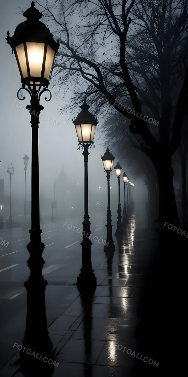 Minimal Soft Studio Light Photography Dimly Lit Street With Rows Of Vintage Style Lampposts Reflecting On A Wet Rainy Surface High Detail Solid Bold Color Background 1 C295