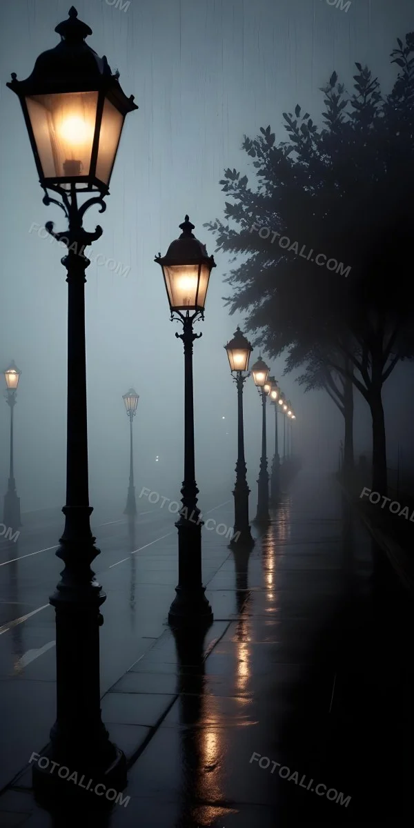 Minimal Soft Studio Light Photography Dimly Lit Street With Rows Of Vintage Style Lampposts Reflecting On A Wet Rainy Surface High Detail Solid Bold Color Background 10 1112