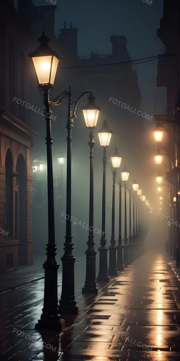 Minimal Soft Studio Light Photography Dimly Lit Street With Rows Of Vintage Style Lampposts Reflecting On A Wet Rainy Surface High Detail Solid Bold Color Background 11 488a