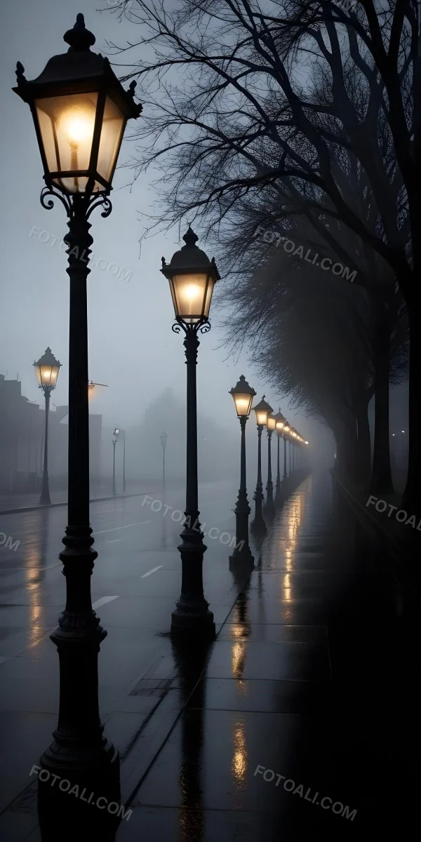 Minimal Soft Studio Light Photography Dimly Lit Street With Rows Of Vintage Style Lampposts Reflecting On A Wet Rainy Surface High Detail Solid Bold Color Background 2 4dea
