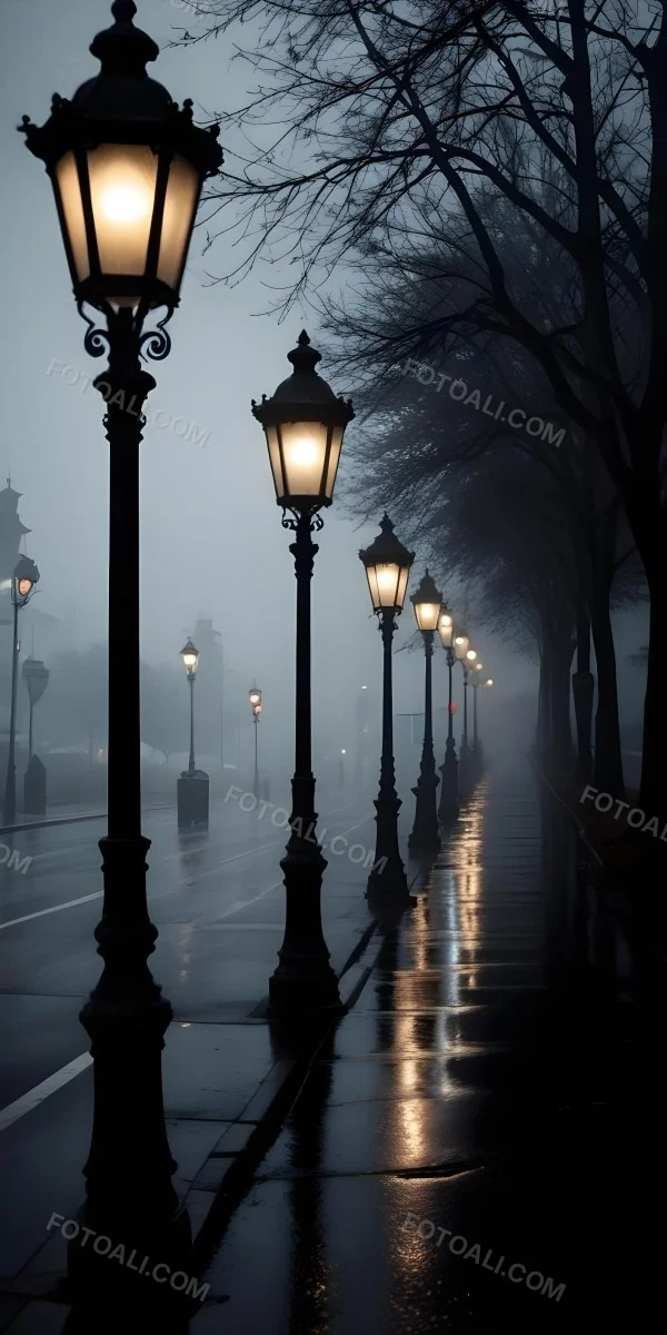 Minimal Soft Studio Light Photography Dimly Lit Street With Rows Of Vintage Style Lampposts Reflecting On A Wet Rainy Surface High Detail Solid Bold Color Background 4 414f