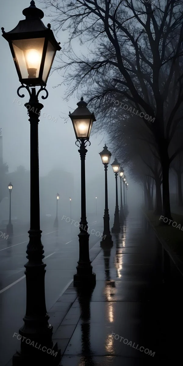 Minimal Soft Studio Light Photography Dimly Lit Street With Rows Of Vintage Style Lampposts Reflecting On A Wet Rainy Surface High Detail Solid Bold Color Background 7 F70b