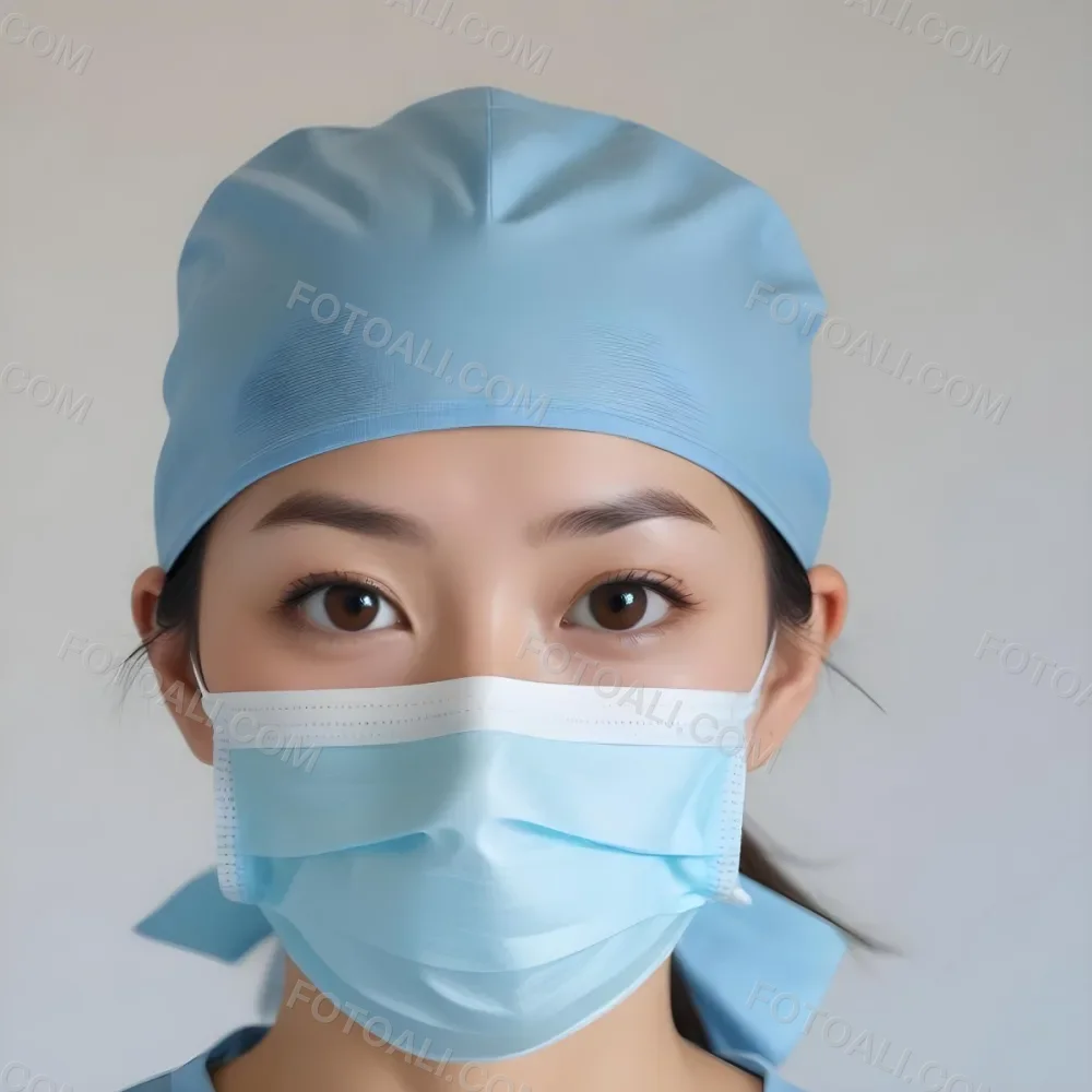 Minimal Soft Studio Light Photography Female Asian Approximately 30 Years Old With Light Hair Wearing A Blue Surgical Cap And A Light Blue Surgical Mask The Background Is A Plain Light Colored Fabric High Detail 3 A4e8