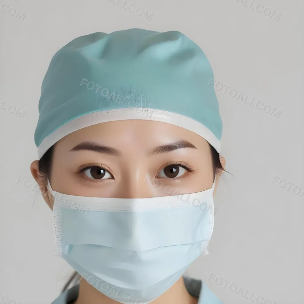 Minimal Soft Studio Light Photography Female Asian Approximately 30 Years Old With Light Hair Wearing A Blue Surgical Cap And A Light Blue Surgical Mask The Background Is A Plain Light Colored Fabric High Detail 33 D491