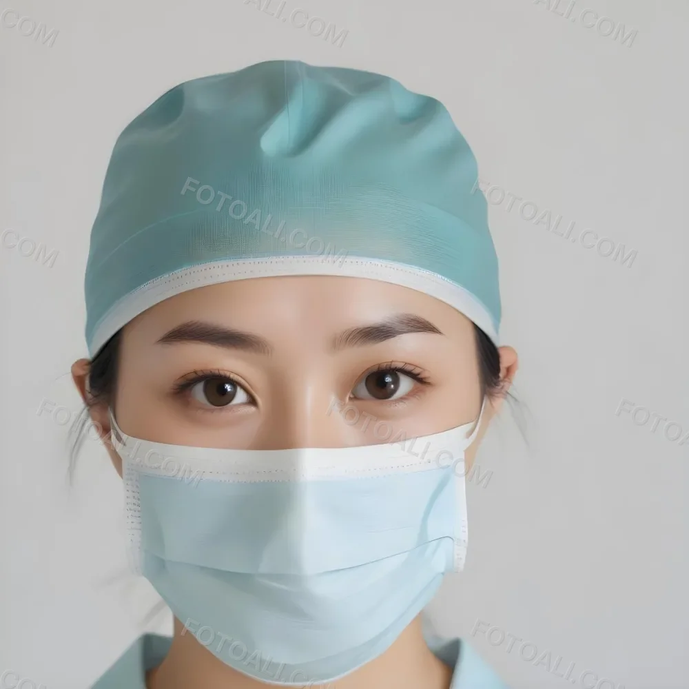 Minimal Soft Studio Light Photography Female Asian Approximately 30 Years Old With Light Hair Wearing A Blue Surgical Cap And A Light Blue Surgical Mask The Background Is A Plain Light Colored Fabric High Detail 37 E0f1