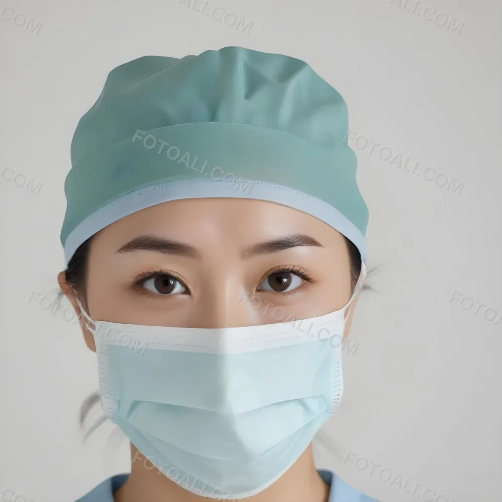 Minimal Soft Studio Light Photography Female Asian Approximately 30 Years Old With Light Hair Wearing A Blue Surgical Cap And A Light Blue Surgical Mask The Background Is A Plain Light Colored Fabric High Detail 39 Caf9