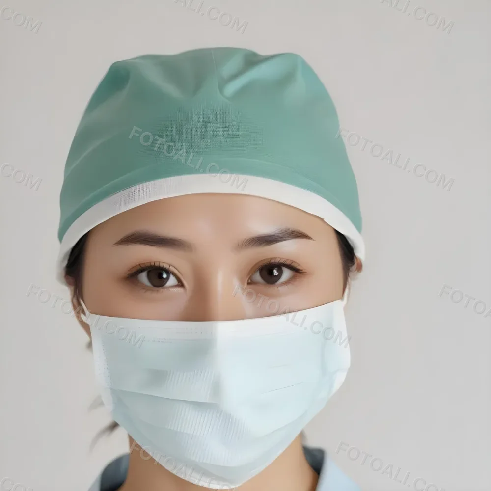 Minimal Soft Studio Light Photography Female Asian Approximately 30 Years Old With Light Hair Wearing A Blue Surgical Cap And A Light Blue Surgical Mask The Background Is A Plain Light Colored Fabric High Detail 42 0e1f
