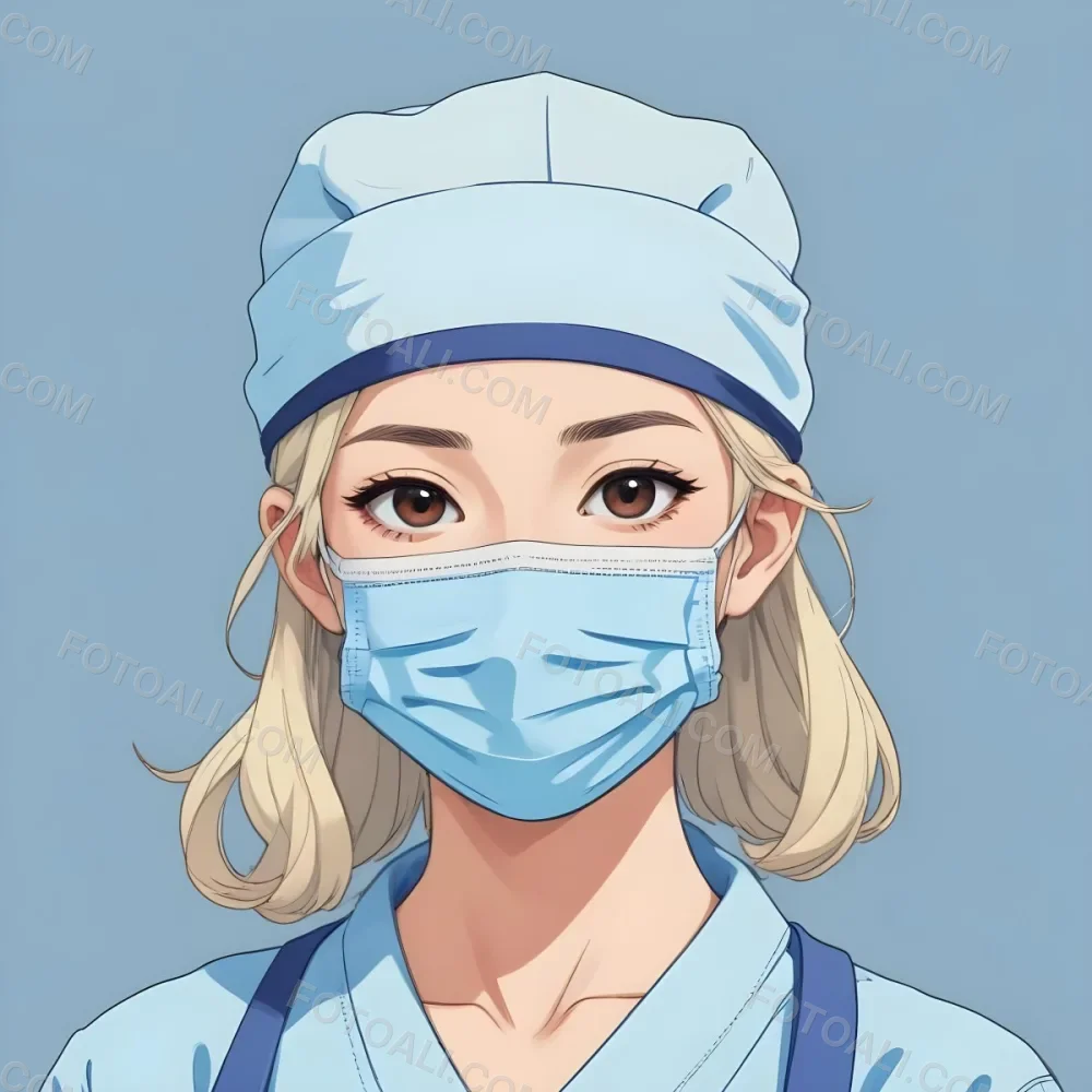 Minimal Soft Studio Light Photography Female Asian Approximately 30 Years Old With Light Hair Wearing A Blue Surgical Cap And A Light Blue Surgical Mask The Background Is A Plain Light Colored Fabric High Detail 67 38e1