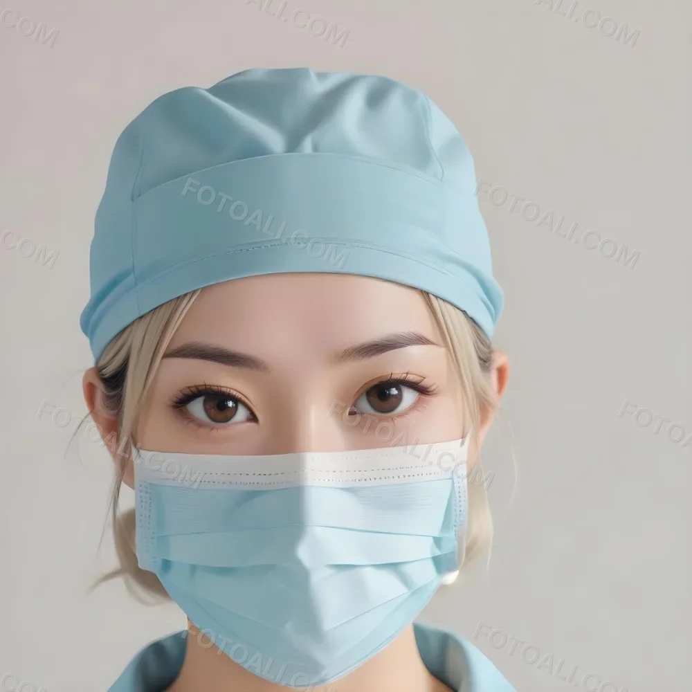 Minimal Soft Studio Light Photography Female Asian Approximately 30 Years Old With Light Hair Wearing A Blue Surgical Cap And A Light Blue Surgical Mask The Background Is A Plain Light Colored Fabric High Detail 79 4a97