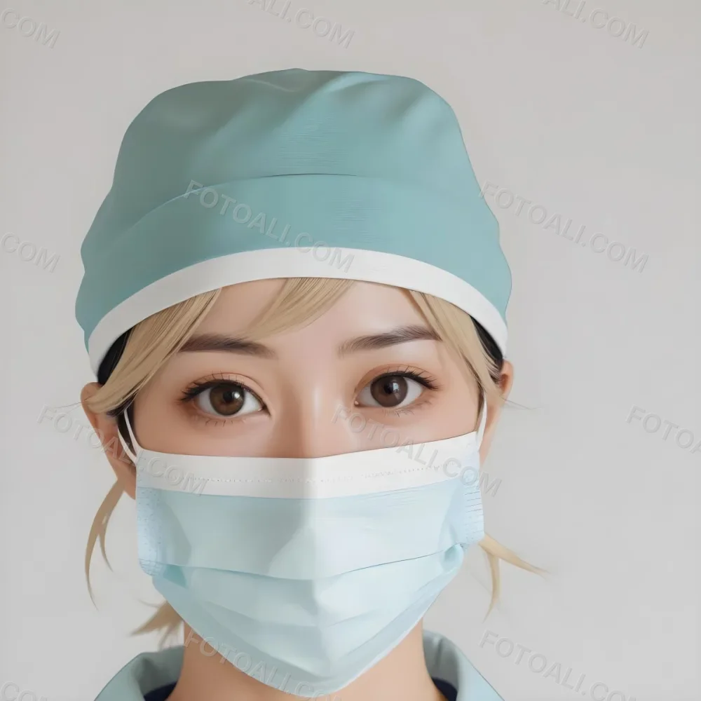Minimal Soft Studio Light Photography Female Asian Approximately 30 Years Old With Light Hair Wearing A Blue Surgical Cap And A Light Blue Surgical Mask The Background Is A Plain Light Colored Fabric High Detail 80 75ff
