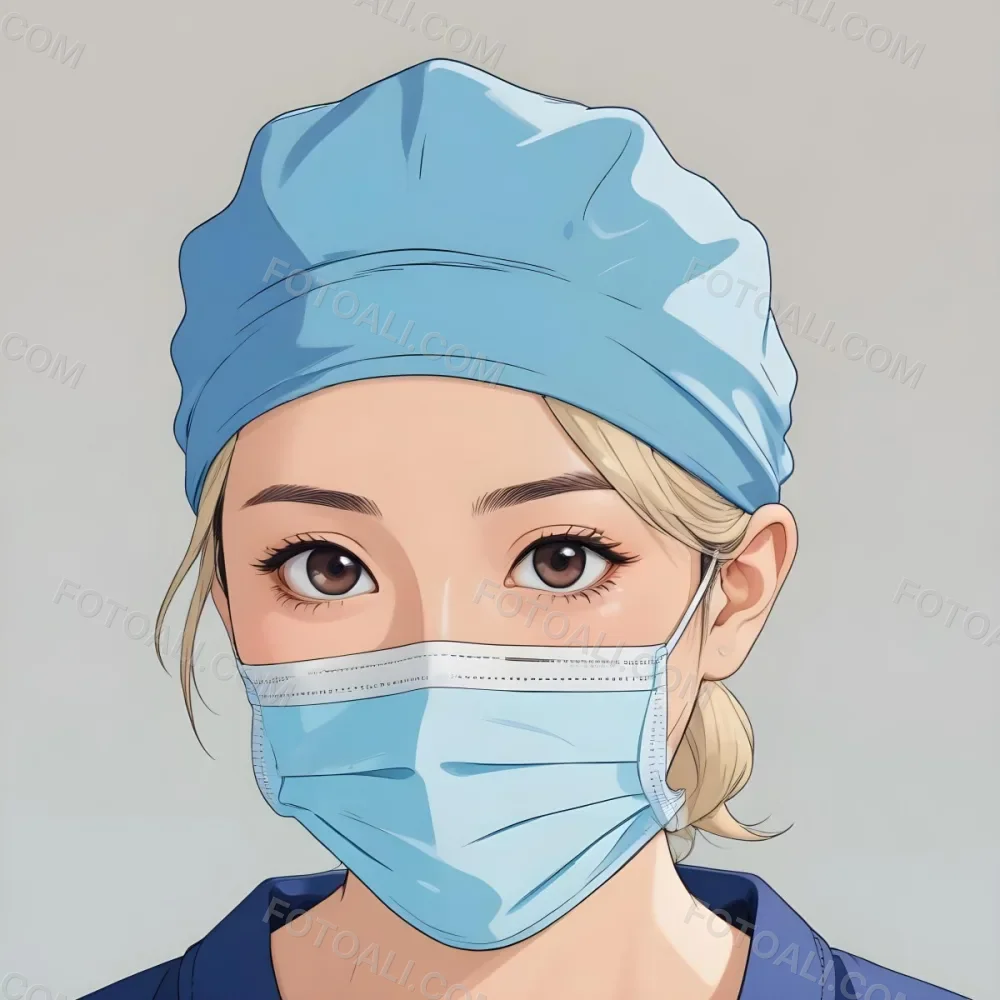 Minimal Soft Studio Light Photography Female Asian Approximately 30 Years Old With Light Hair Wearing A Blue Surgical Cap And A Light Blue Surgical Mask The Background Is A Plain Light Colored Fabric High Detail 81 D76a