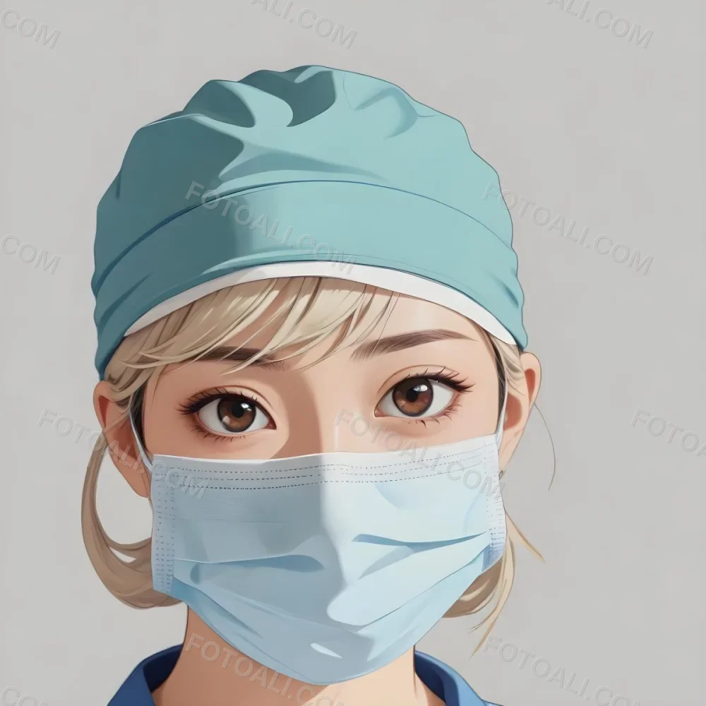 Minimal Soft Studio Light Photography Female Asian Approximately 30 Years Old With Light Hair Wearing A Blue Surgical Cap And A Light Blue Surgical Mask The Background Is A Plain Light Colored Fabric High Detail 83 25f9