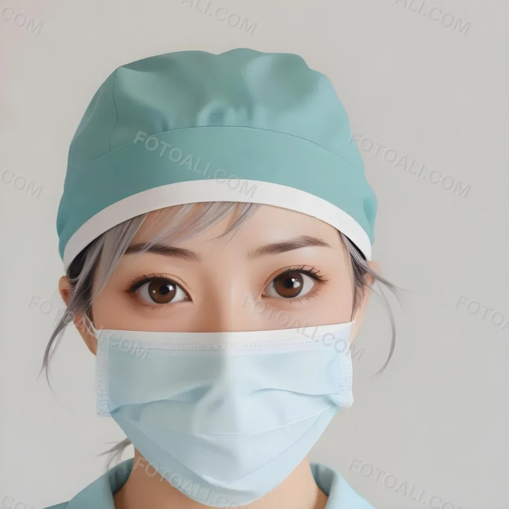 Minimal Soft Studio Light Photography Female Asian Approximately 30 Years Old With Light Hair Wearing A Blue Surgical Cap And A Light Blue Surgical Mask The Background Is A Plain Light Colored Fabric High Detail 84 989c