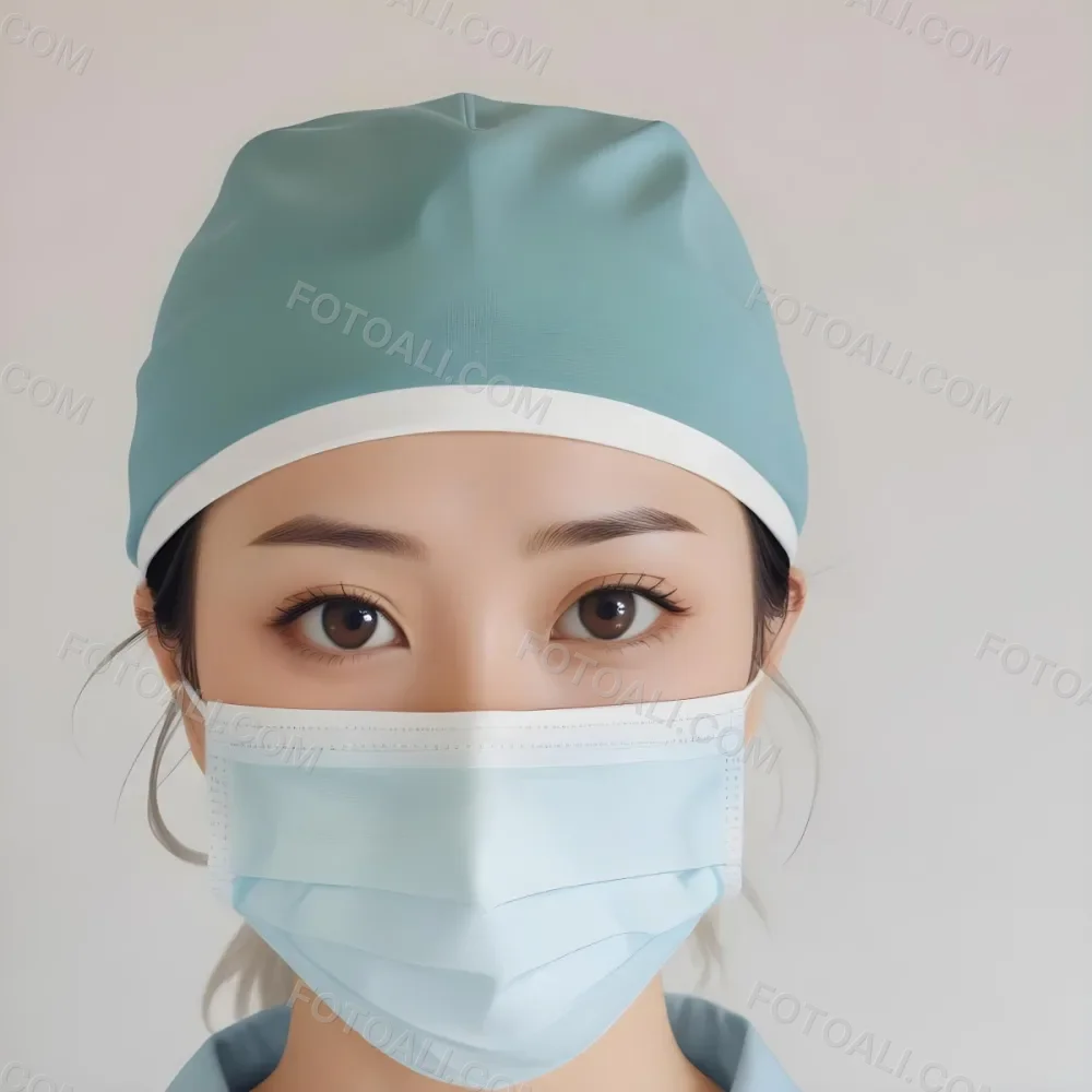 Minimal Soft Studio Light Photography Female Asian Approximately 30 Years Old With Light Hair Wearing A Blue Surgical Cap And A Light Blue Surgical Mask The Background Is A Plain Light Colored Fabric High Detail 85 D760
