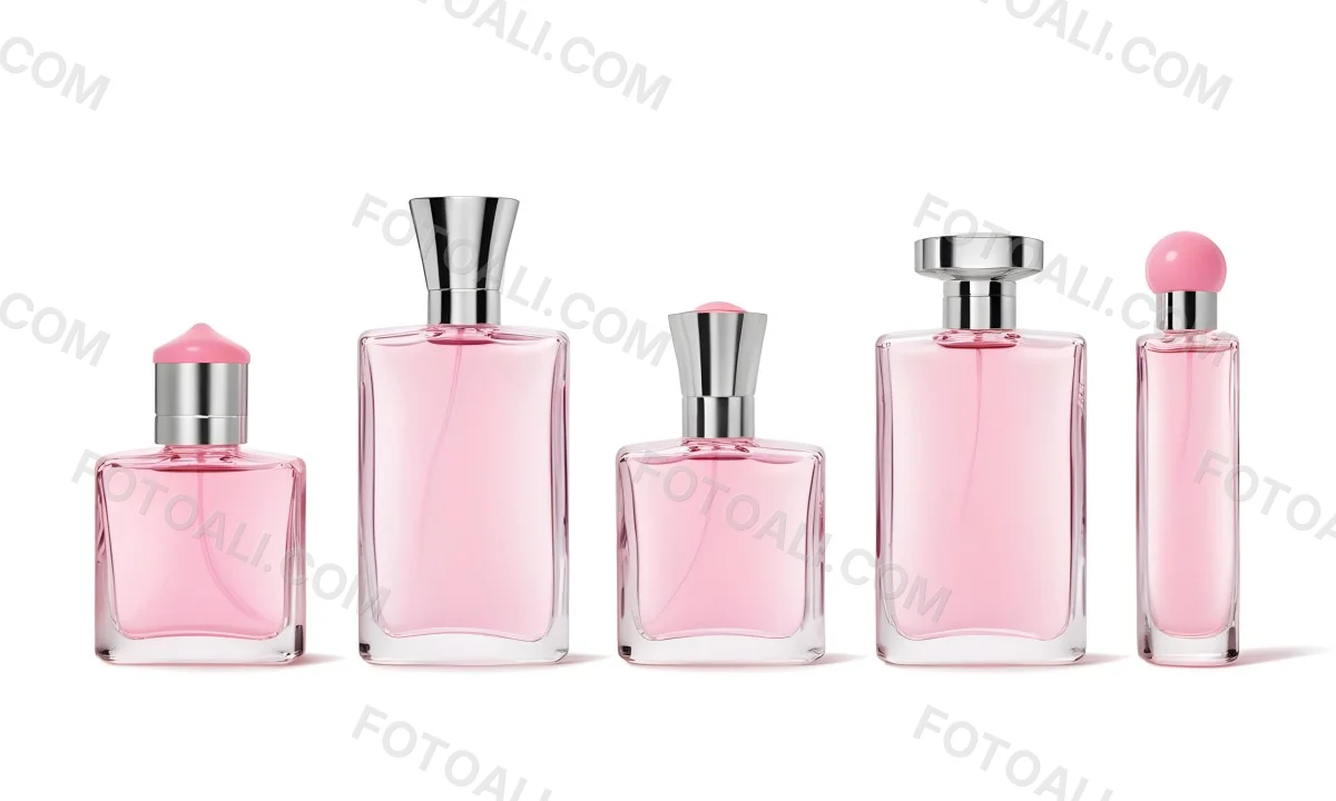 Minimal Soft Studio Light Photography Four Silver Perfume Bottles With Pink Caps Different Shapes And Sizes Arranged In A Row Clean And Minimalist Design Pink Background Elegant And Modern High Detail Solid Bold 13 88a7